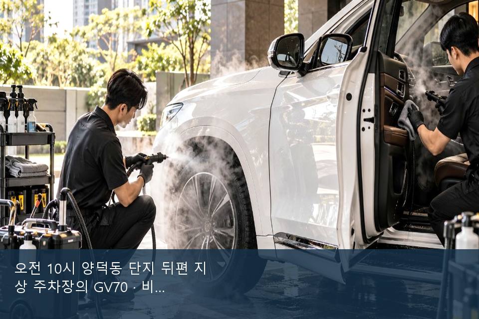 오전 10시 양덕동 단지 뒤편 지상 주차장의 GV70 · 비 갠 뒤의 작업